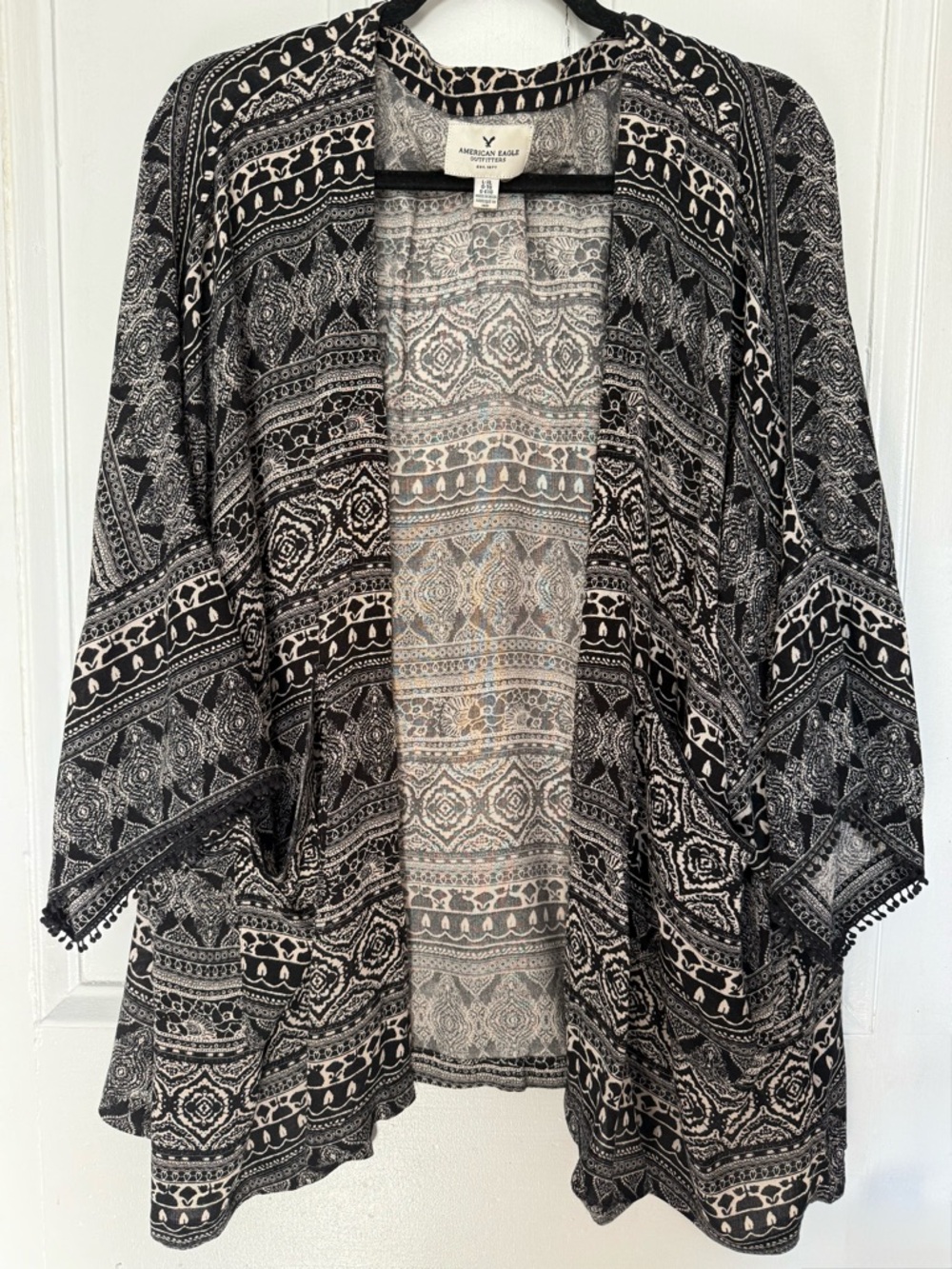 American Eagle Black/Cream Open Front Kimono - Size L/XL